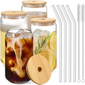 Drinking Glasses with Bamboo Lids and Glass Straws 4pc Set
